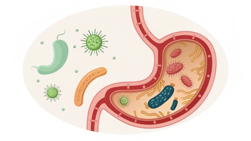 تركيب المعدة مع توضيح الإصابة البكتيرية