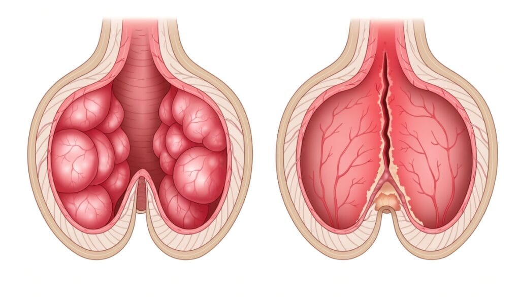 رسم طبي يوضح الفرق التشريحي بين البواسير والشرخ الشرجي